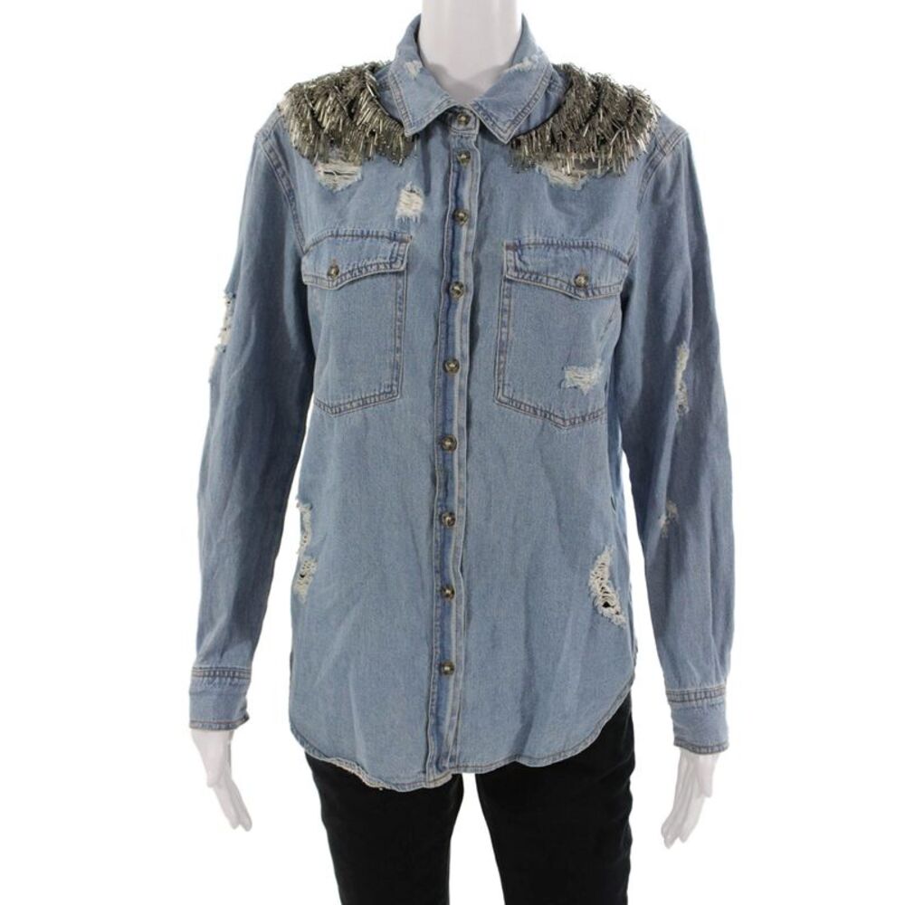 Seta Apparel Womens Denim Collared Button Long Sleeve Jacket Blue Grunge Size S